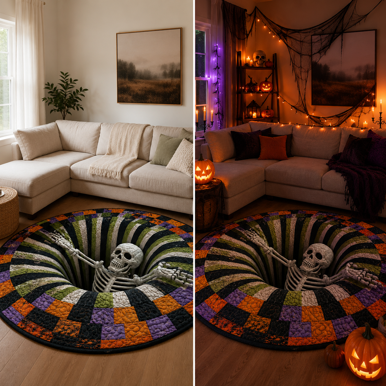 Skeleton vortex Halloween mat transforms living room entryway and party space