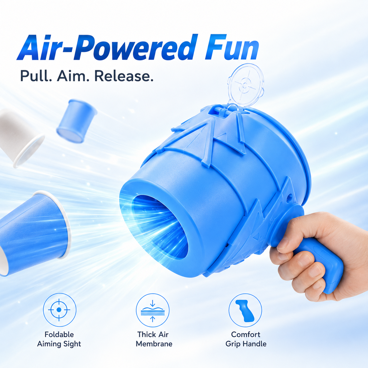 Blue air cannon toy with foldable sight main product view
