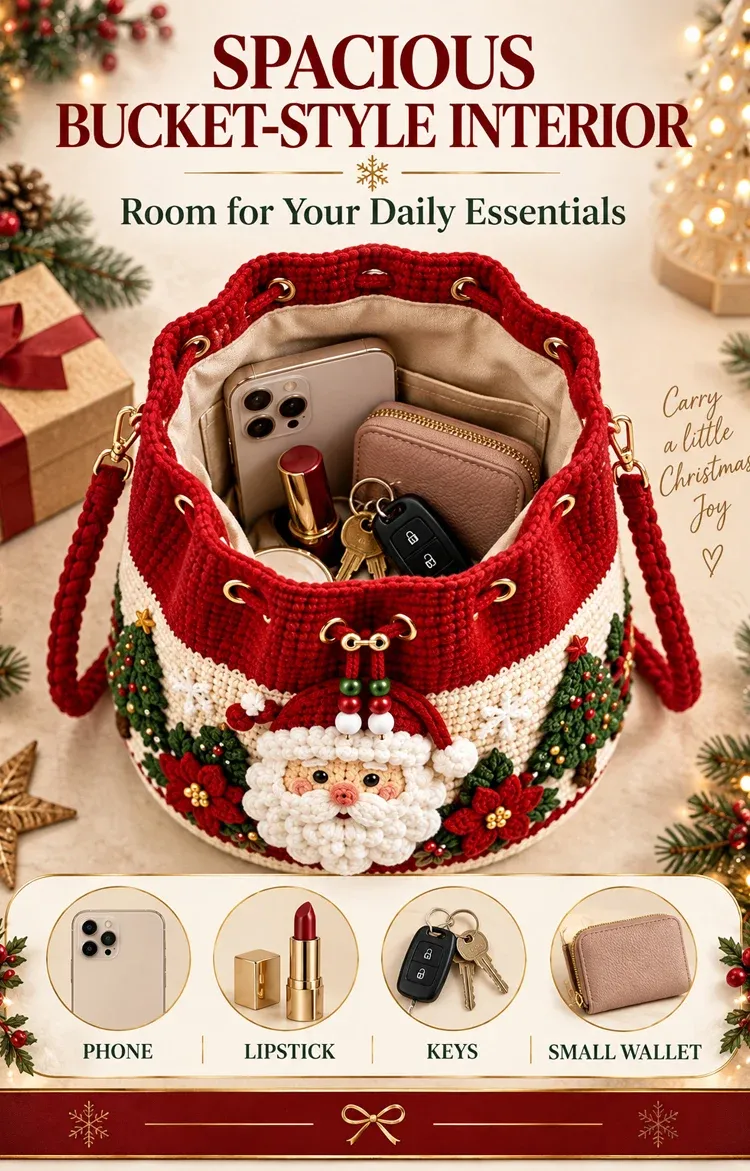 Spacious Christmas crochet bucket bag interior