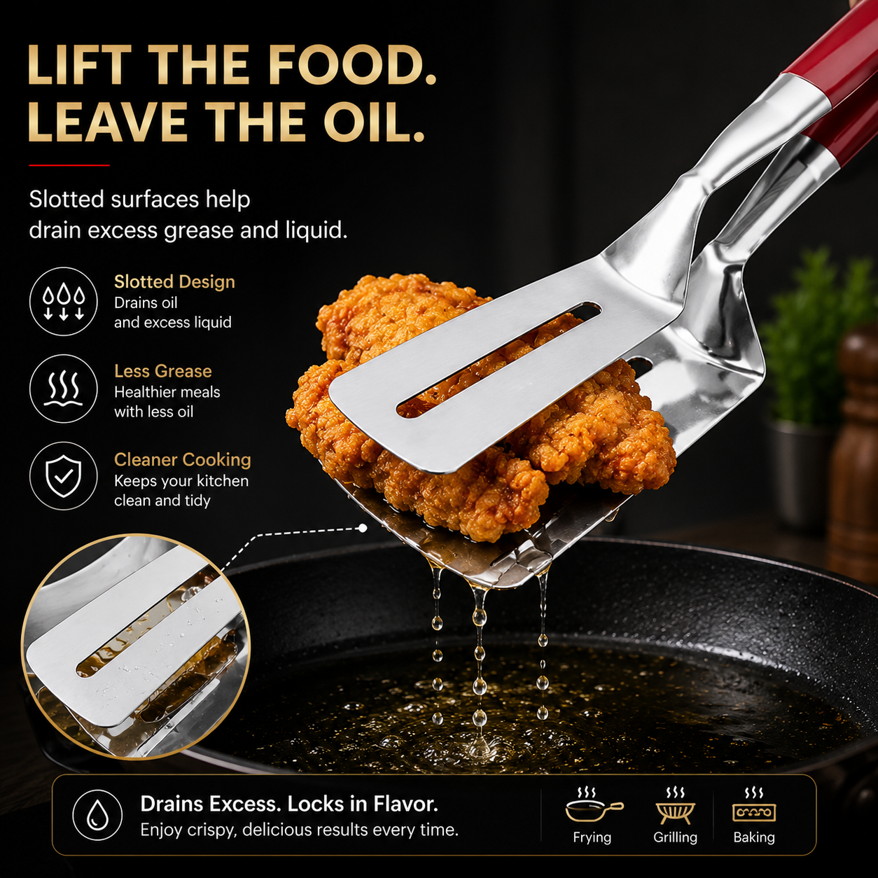 Slotted spatula tongs draining excess cooking oil