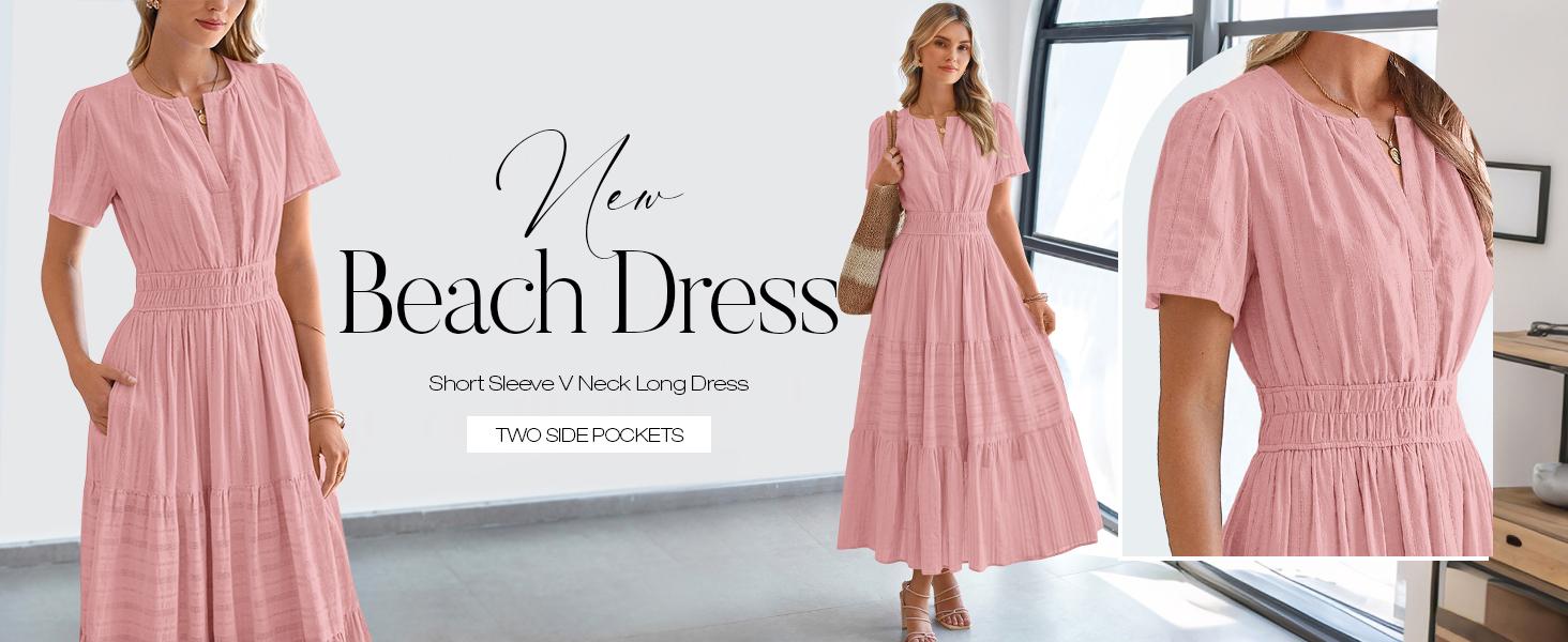 BTFBM Women's Summer 2026 Casual Maxi Dress Lightweight Short Sleeve V Neck Boho Dress with Pockets