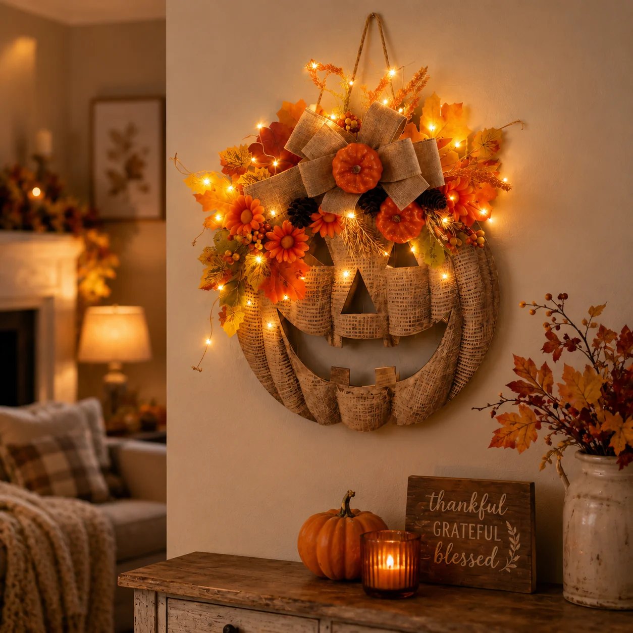 Warm LED lighted pumpkin wreath for fall home decor