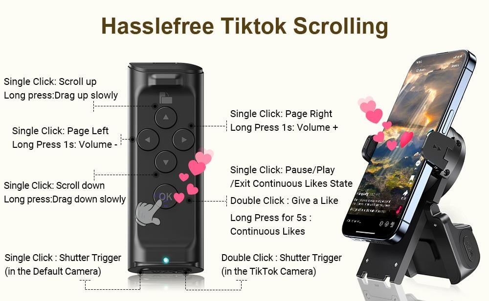 [DealsForYouDays] PUTARE Remote Control for TikTok Scrolling with Phone Stand, Wireless Page Turner, Selfie Camera Shutter Video Recording for iOS Android, Cellphone Selfie Accessory SummerWins