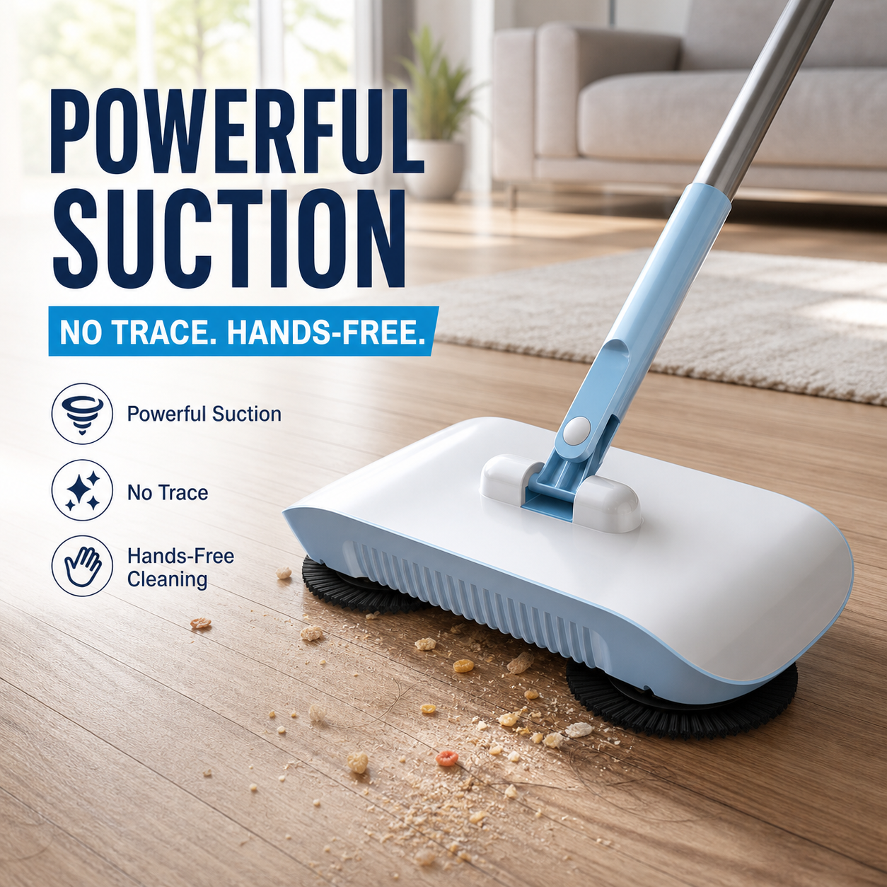 Manual push sweeper mop hard floor cleaning tool with ergonomic handle and stainless steel rod