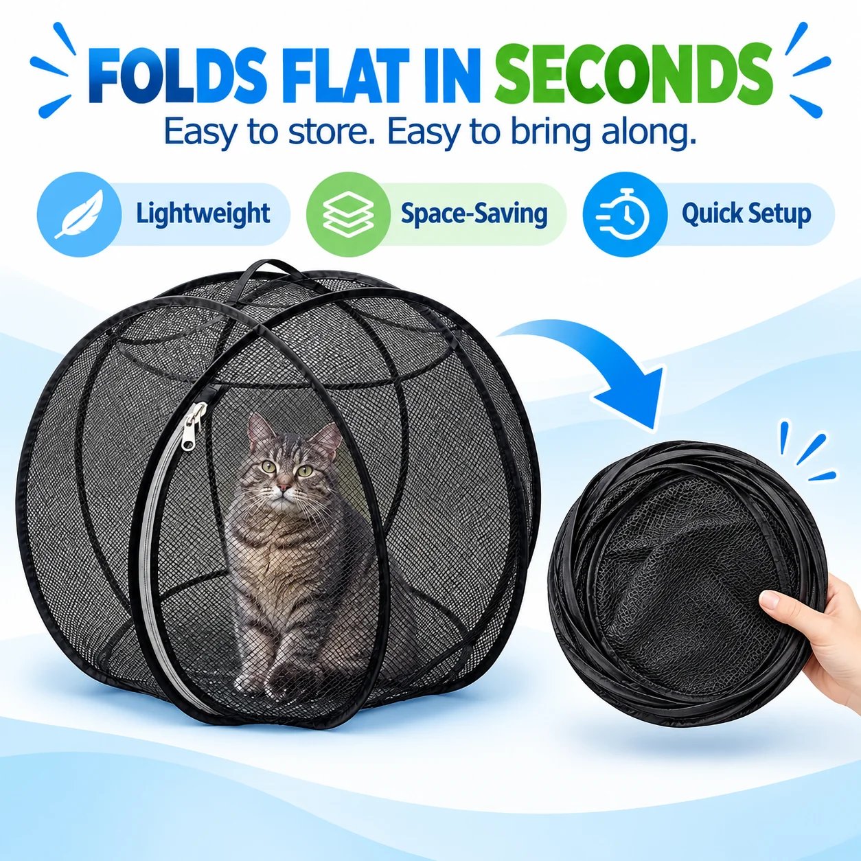 Flexible cat playpen folds flat for convenient storage