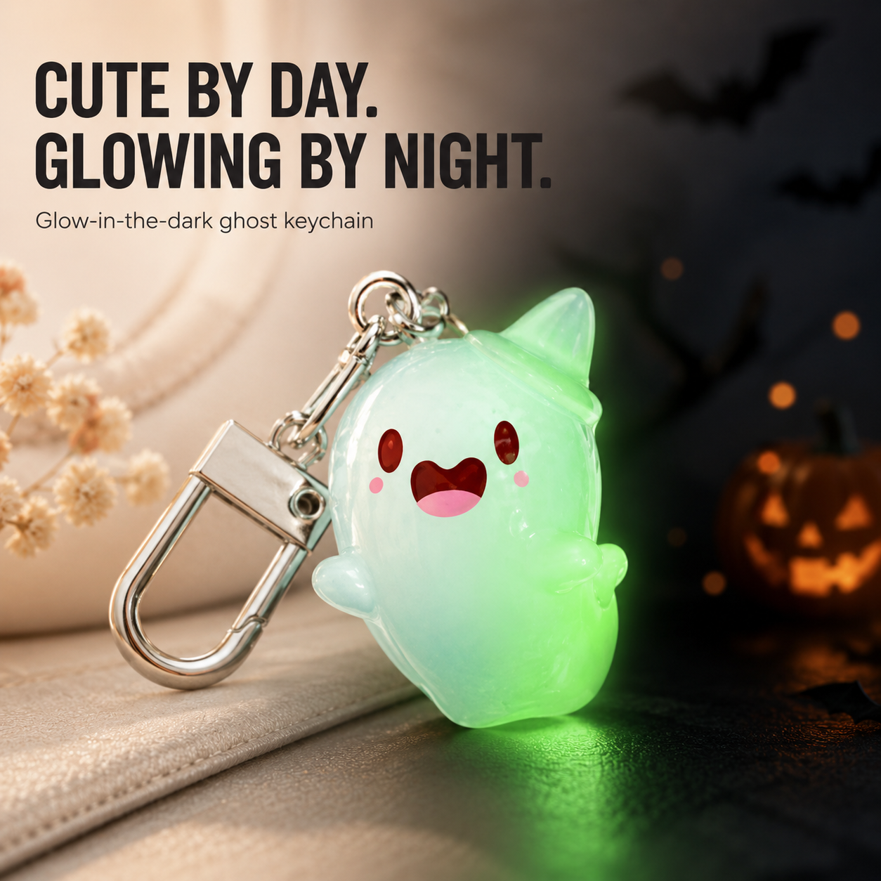 Ghost keychain glowing green in the dark