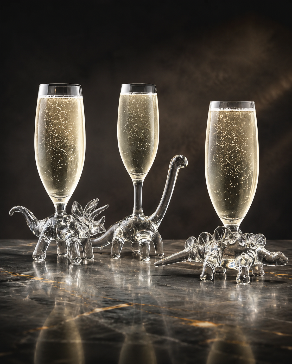 Multiple dinosaur champagne glass styles