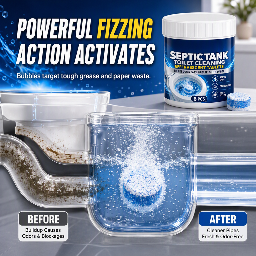 Fizzing toilet cleaning tablet in water
