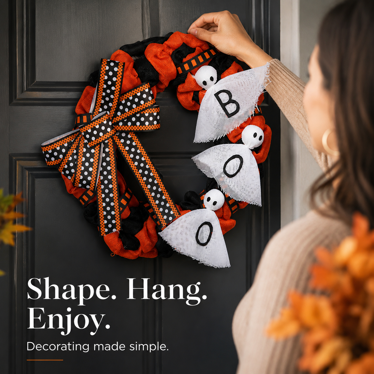 Halloween front door wreath display overview
