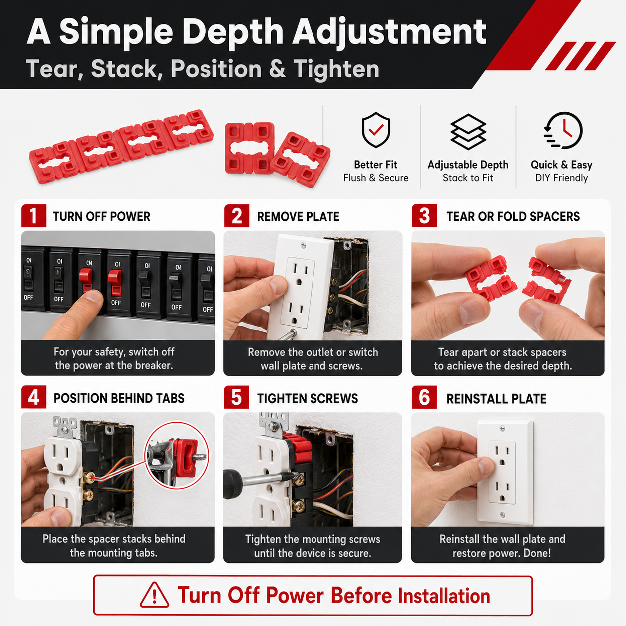 Red plastic outlet and switch spacers 48 pack overview