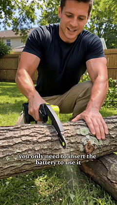 Cordless mini chainsaw cutting branches