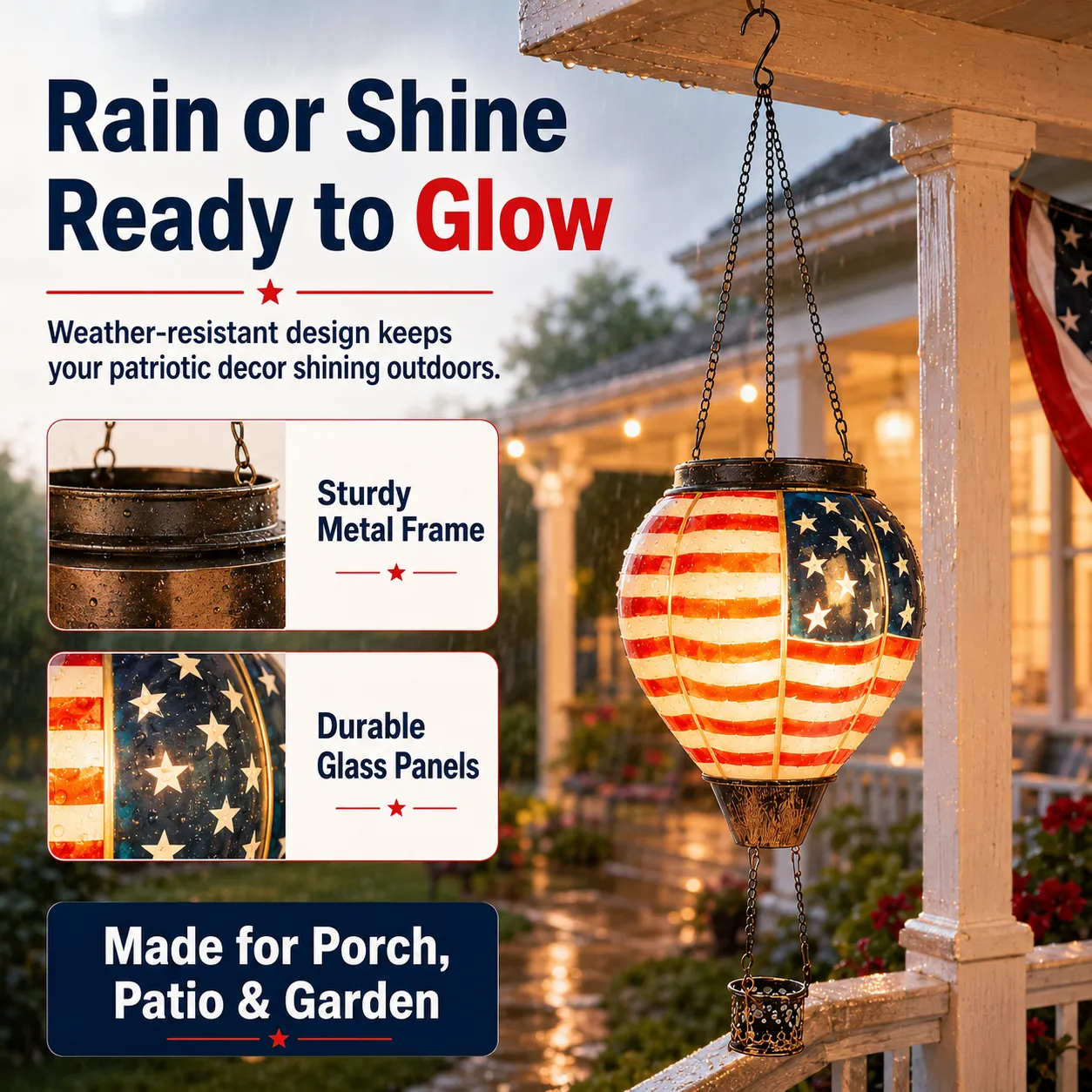 Weather resistant patriotic solar lantern