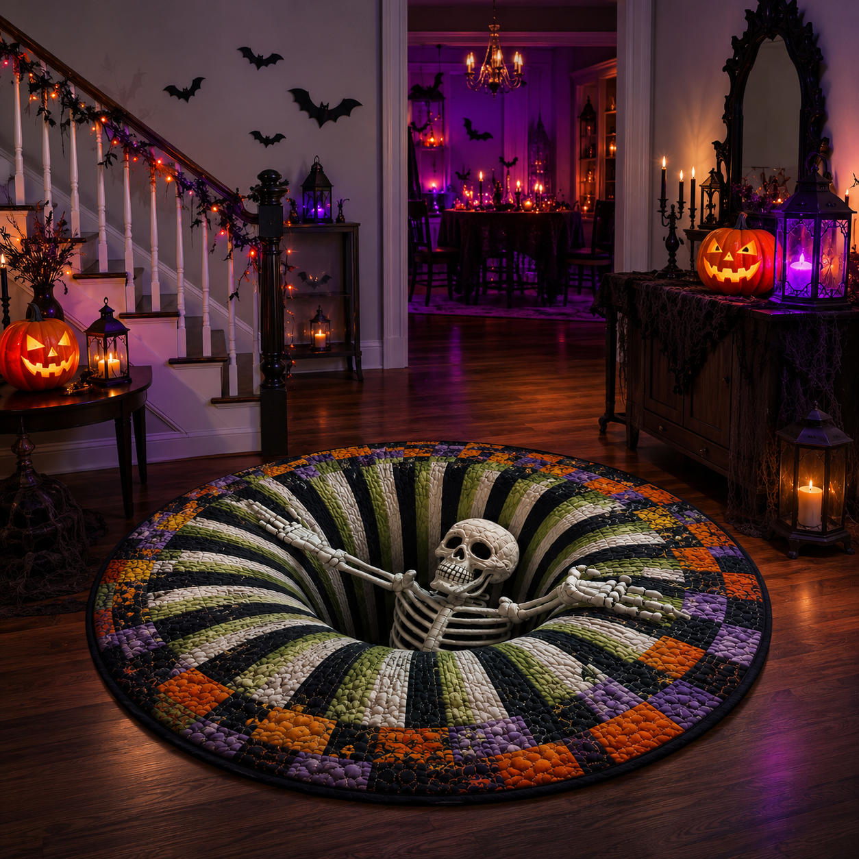 Family-friendly Halloween skeleton vortex quilted round mat decor