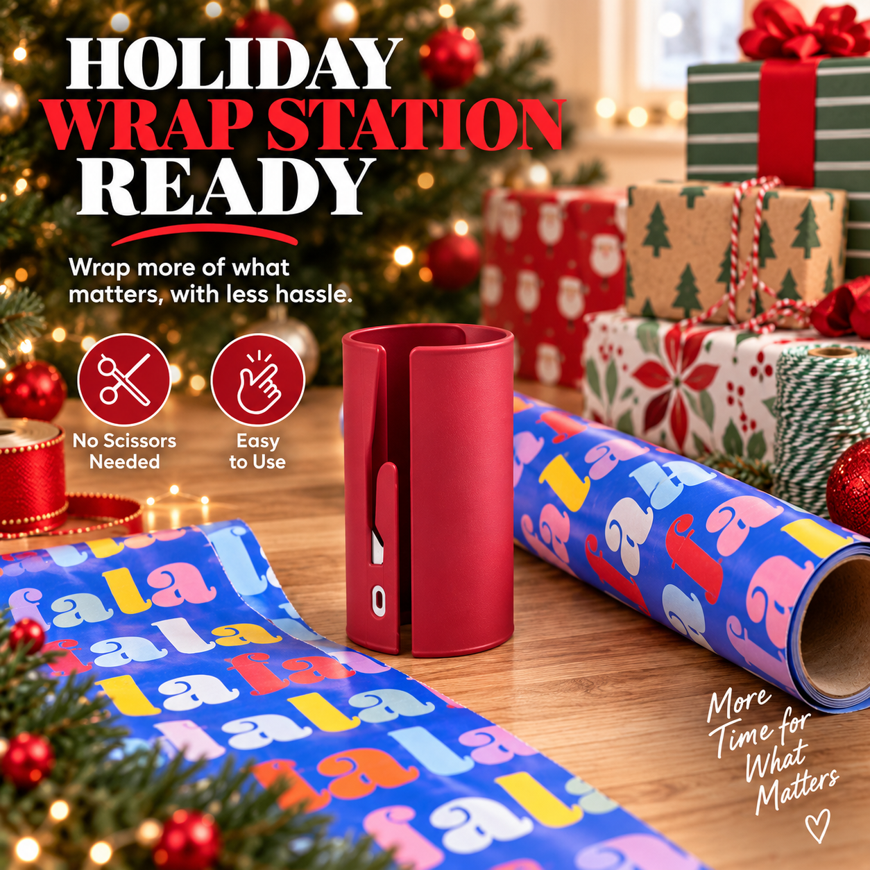 Gift wrap cutter with wrapping paper ribbon tape and Christmas gifts at holiday wrapping station