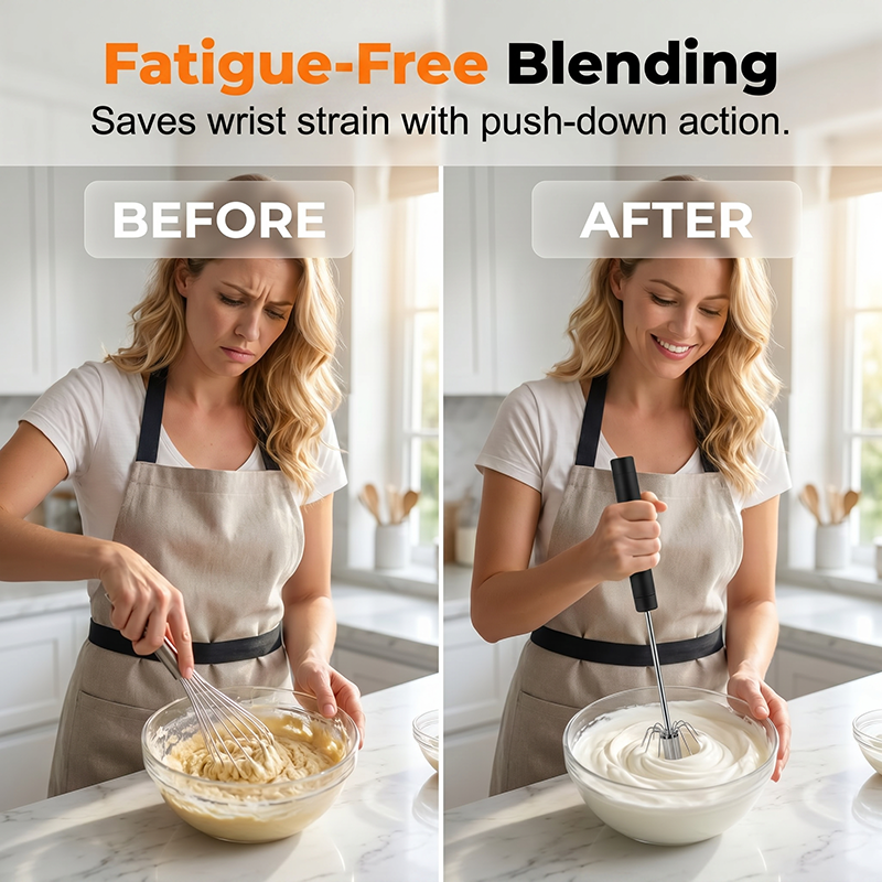 Fatigue-reducing push-down whisk for baking and cooking