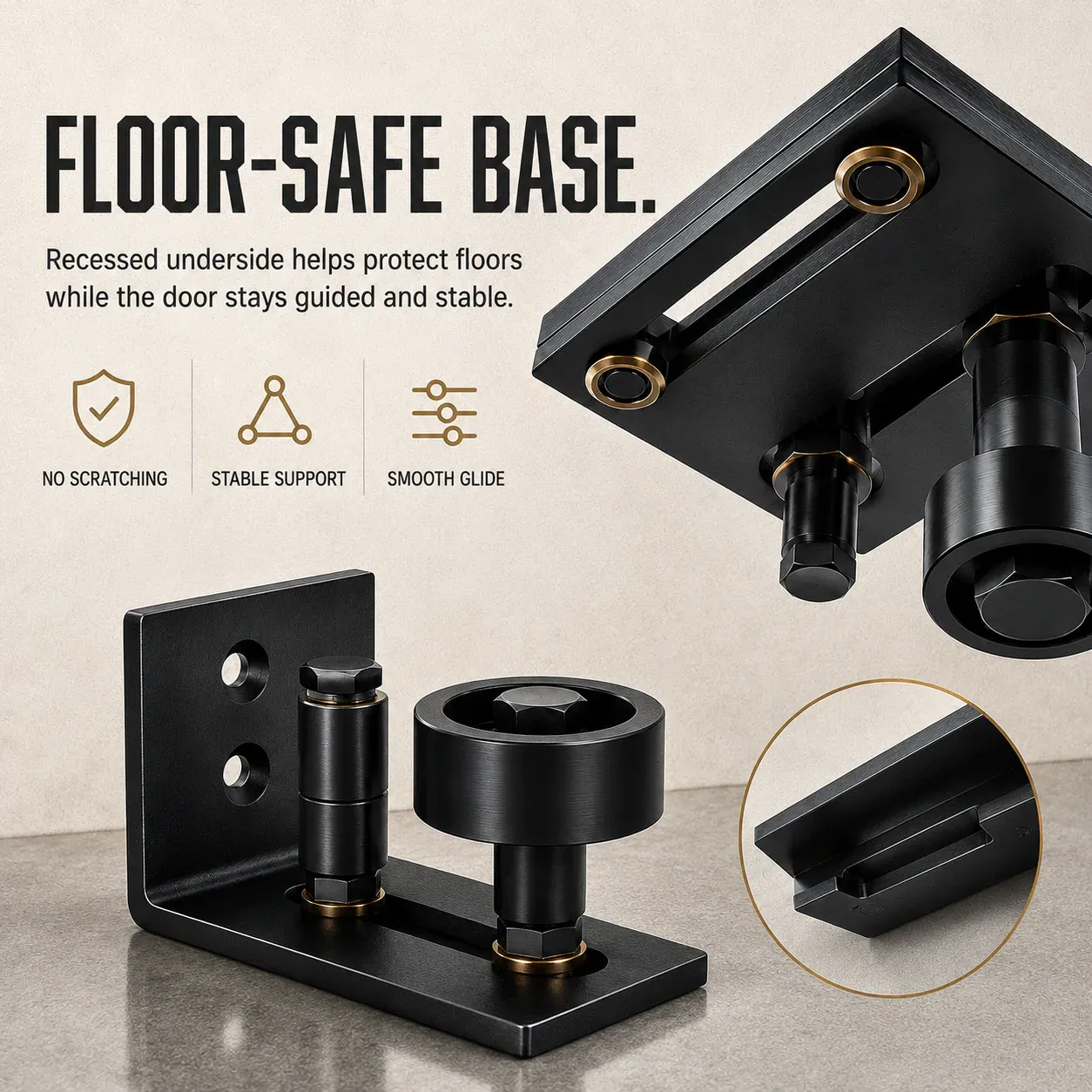 Barn door floor guide recessed underside design helps reduce floor contact risk