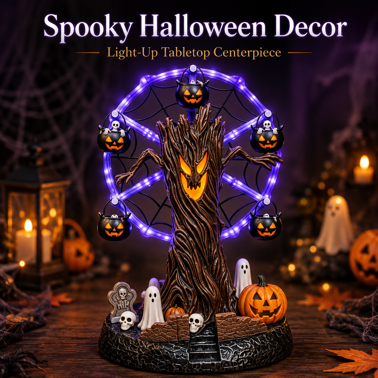 Lighted Halloween Ferris wheel resin decoration main profile view