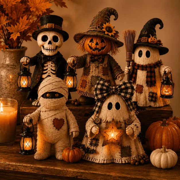 Halloween mantel figurine collection arranged together on display