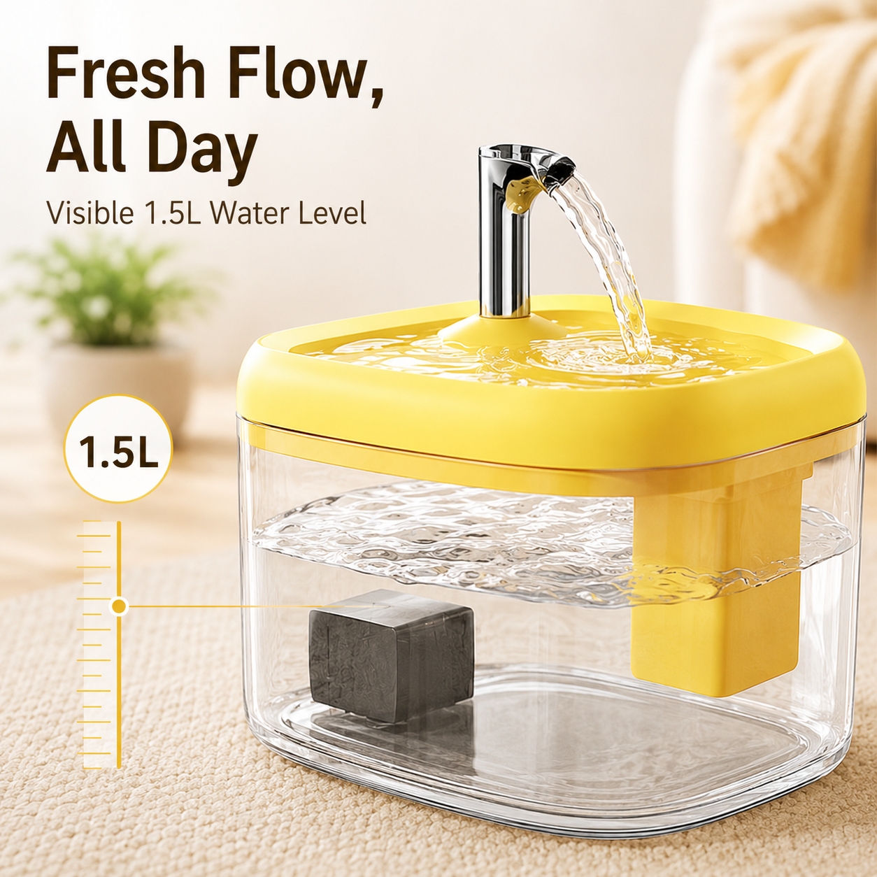 Pet fountain placed in living room feeding station layout