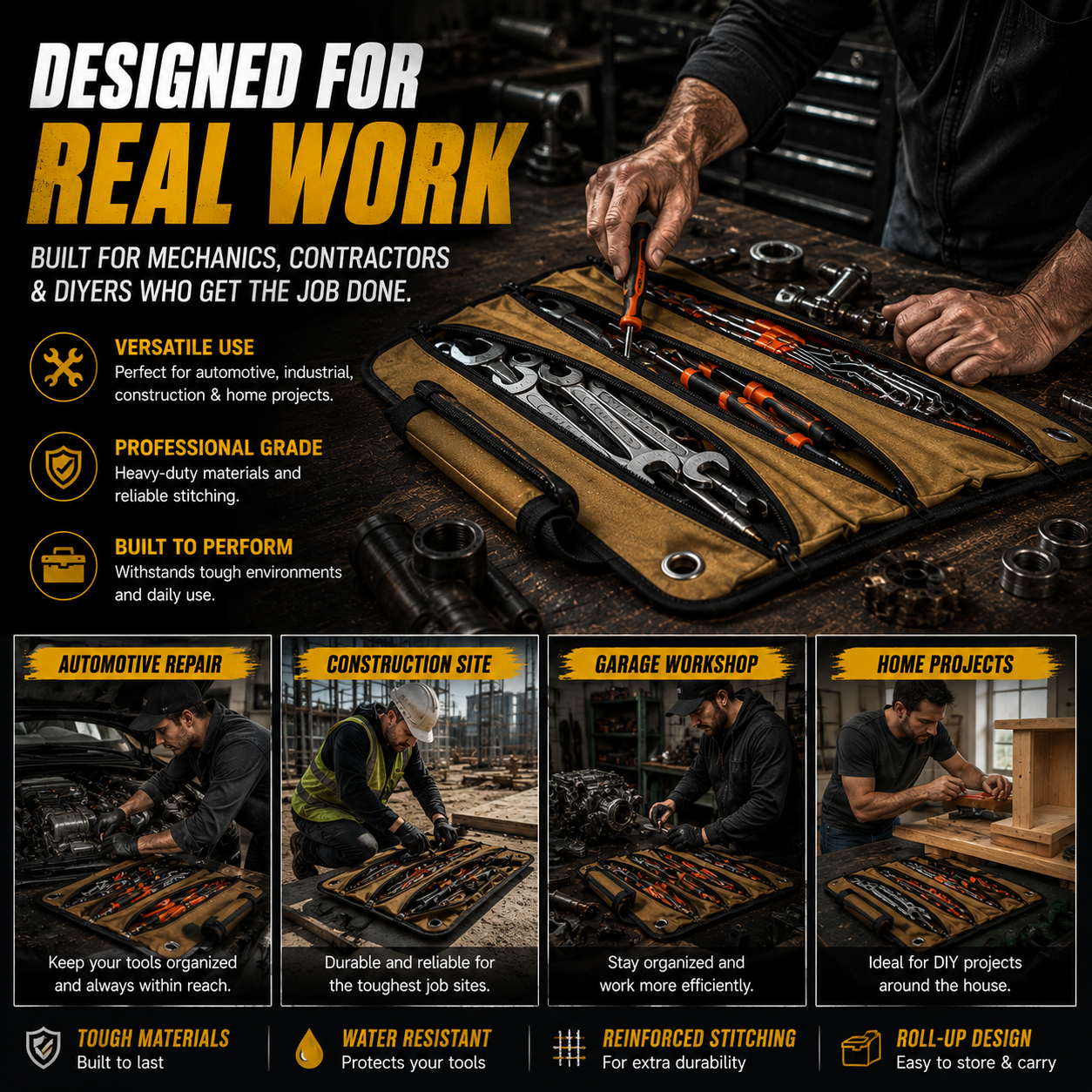 Compact spacious roll-up tool organizer