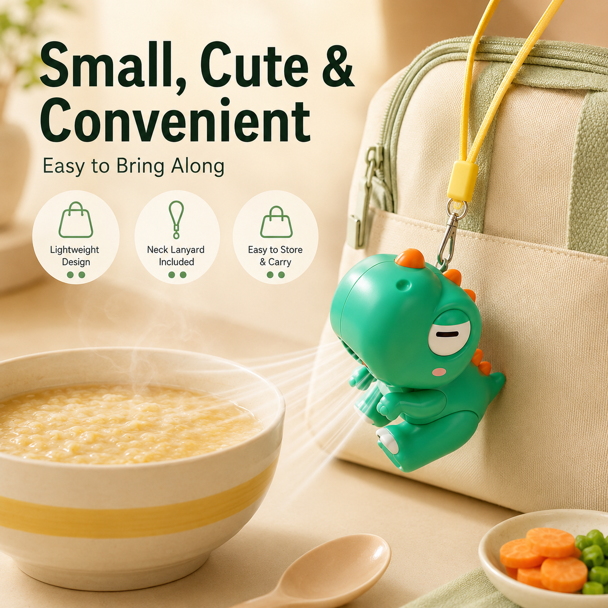 Clip-on food fan attached to bowl cooling hot soup