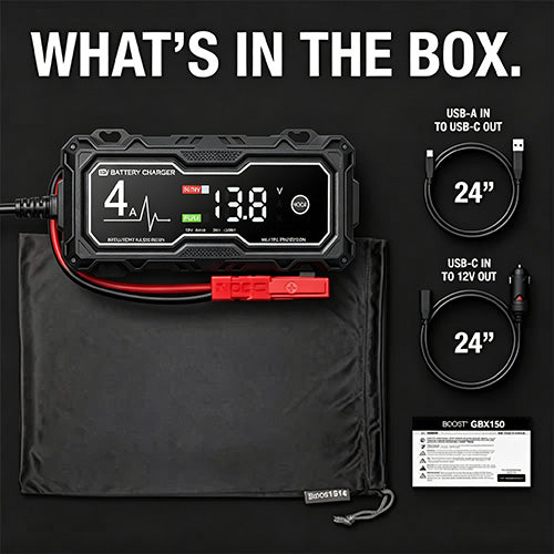Heavy-duty jump starter box contents clamps USB-C cable storage bag