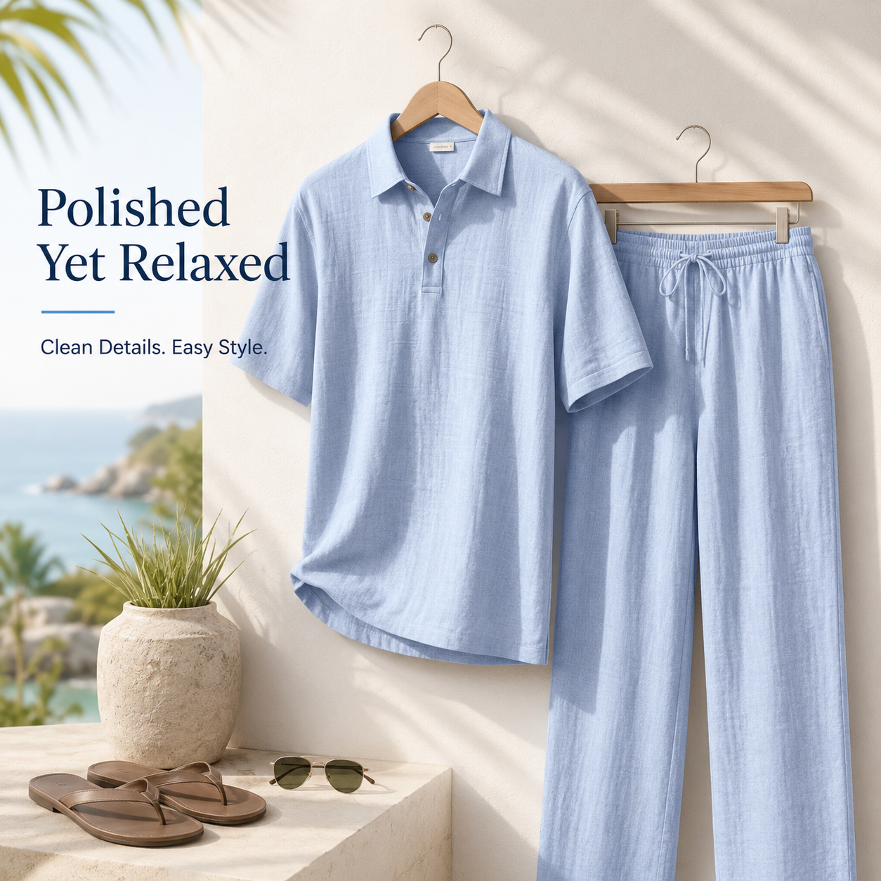 Model wearing light blue short sleeve polo shirt close up