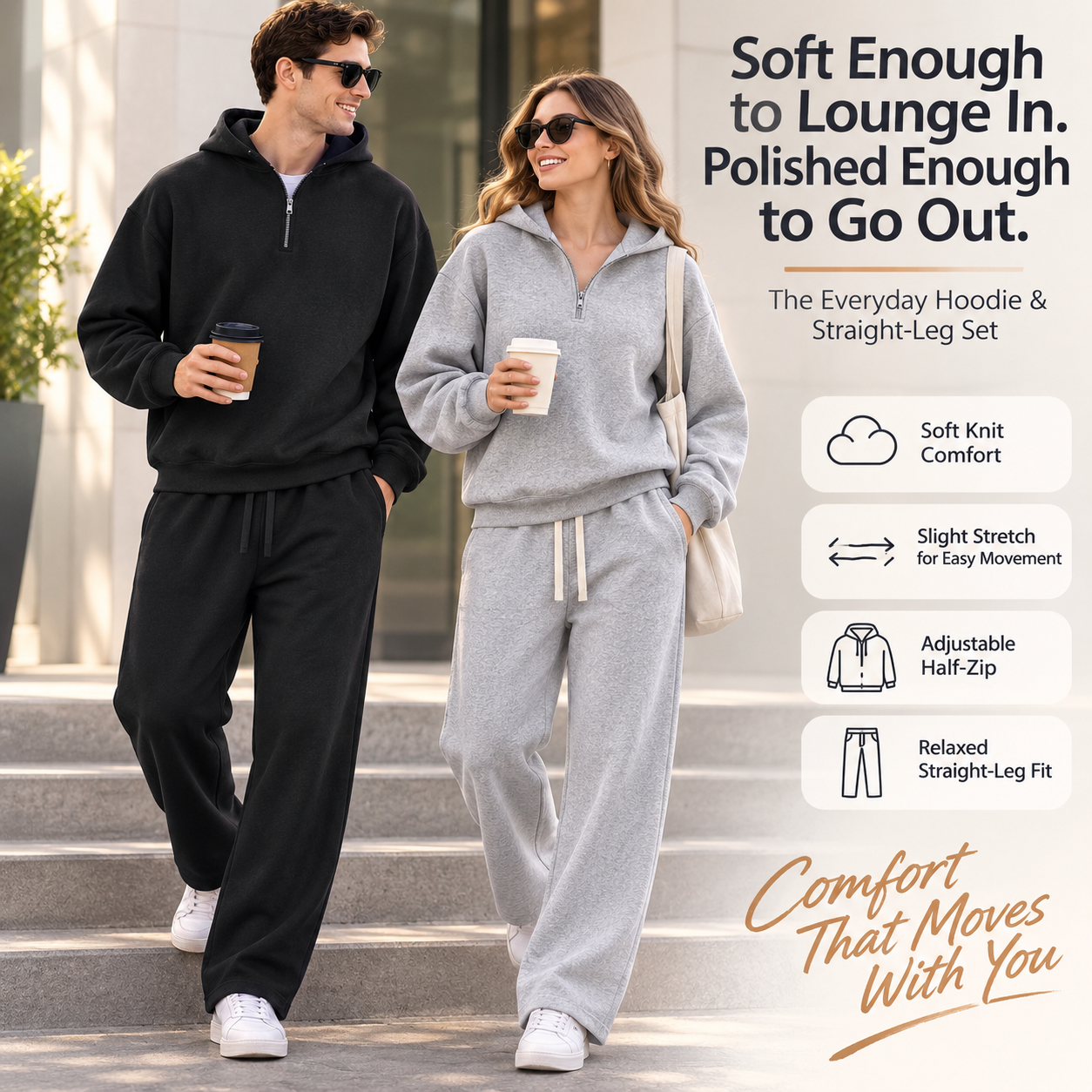 Model wearing heather gray 2-piece half zip hoodie and straight leg pants lounge set