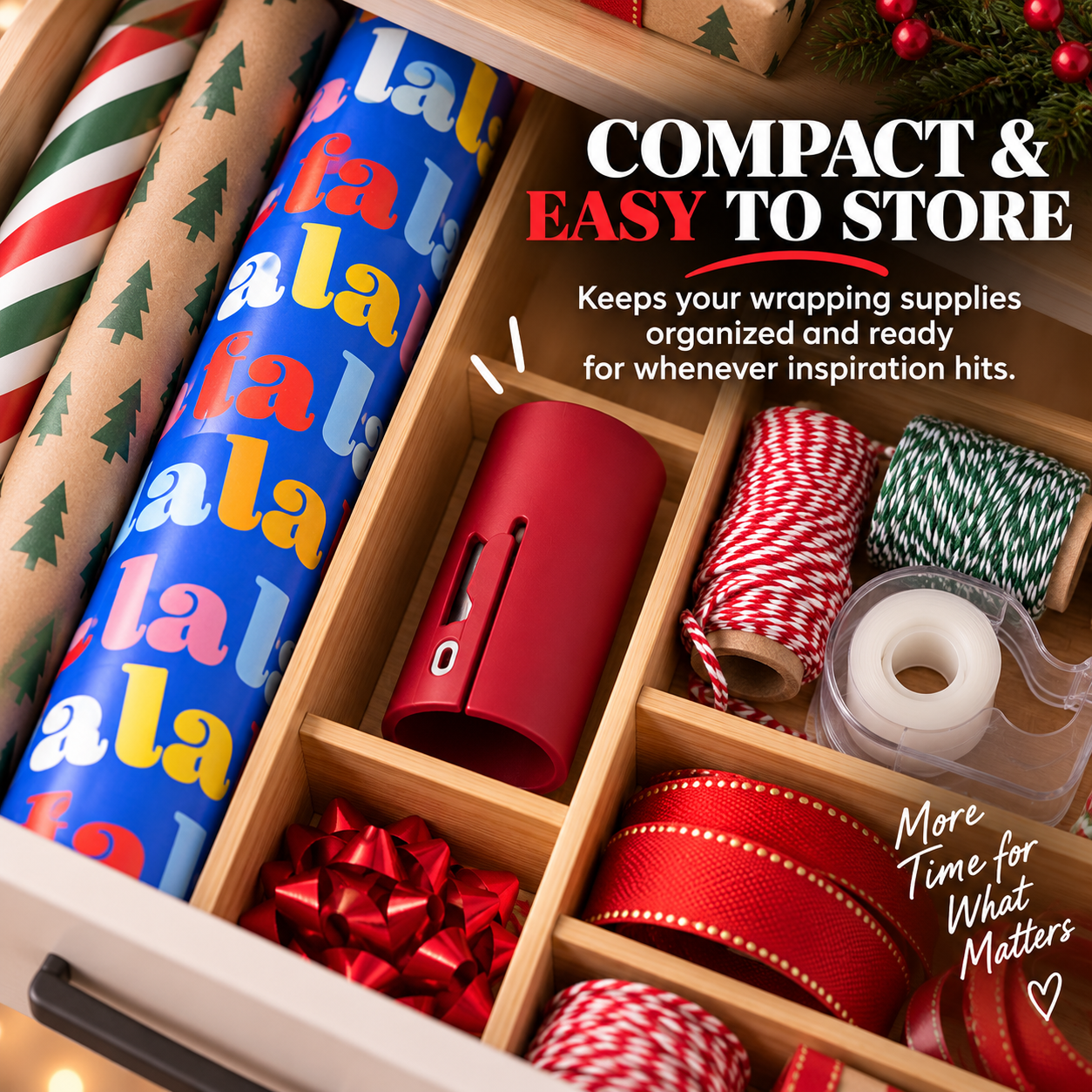 Compact red wrapping paper cutter stored beside ribbon tape and gift wrapping supplies
