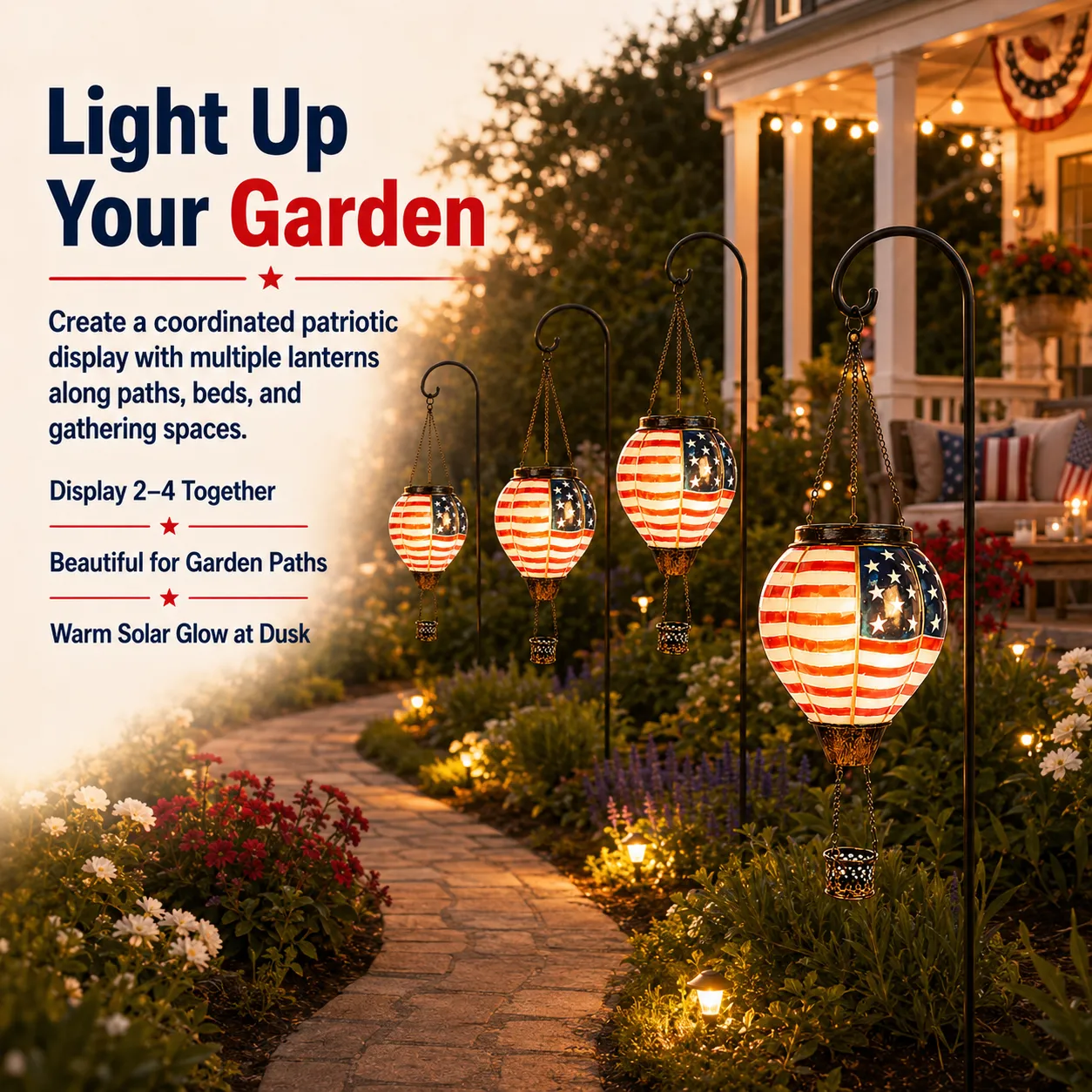 Multiple patriotic solar lanterns in garden