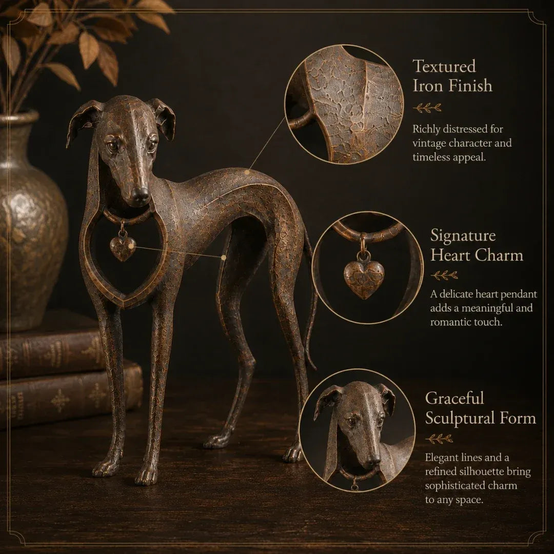 Heart charm detail on vintage sighthound sculpture
