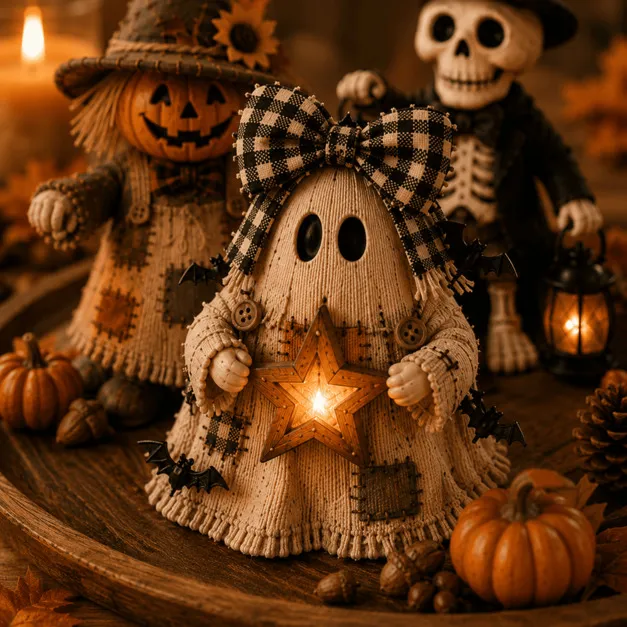 Halloween figurine holding vintage lantern beside warm ambient lighting