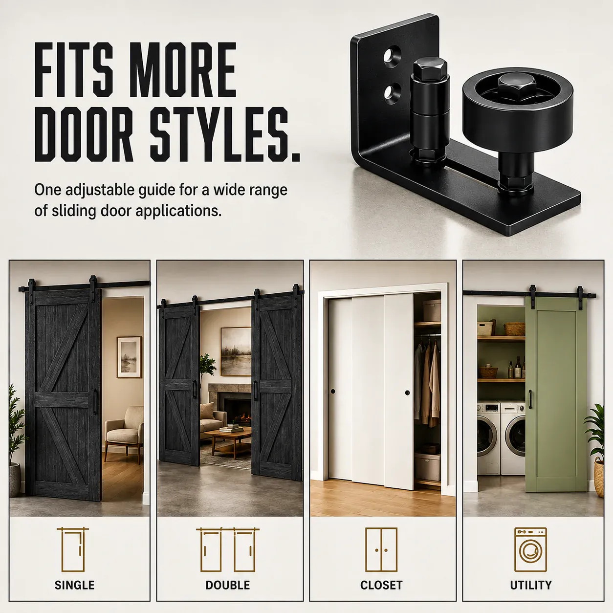 Adjustable barn door floor guide for single double closet and utility room sliding doors