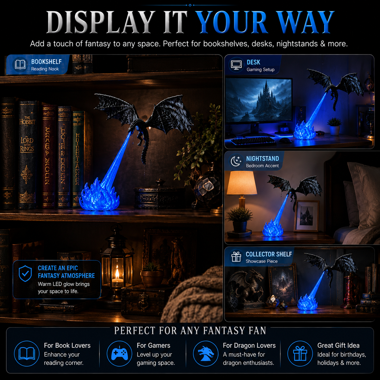 Dragon decor on bookshelf and gaming desk