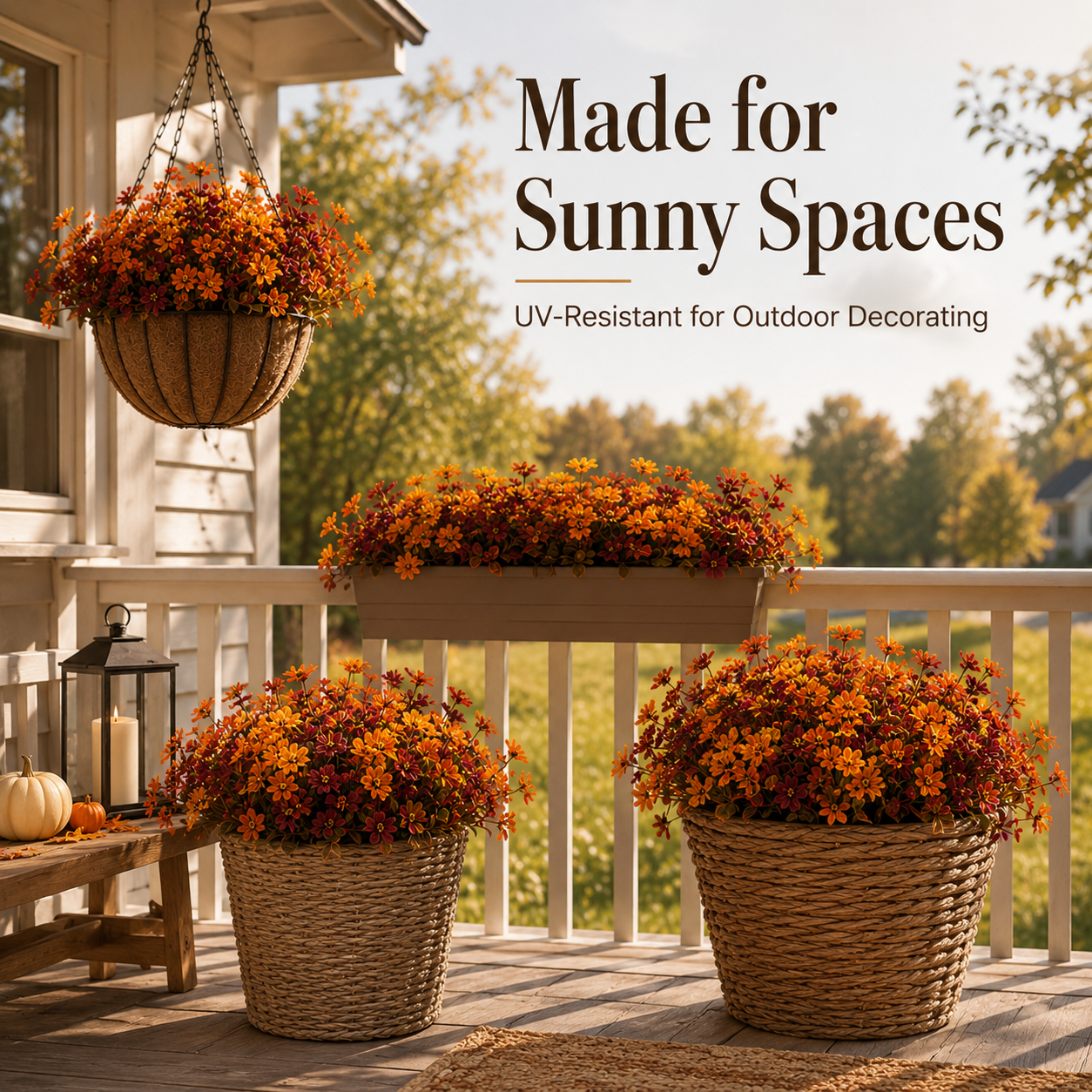 Lush arrangement of autumn artificial flowers in outdoor container