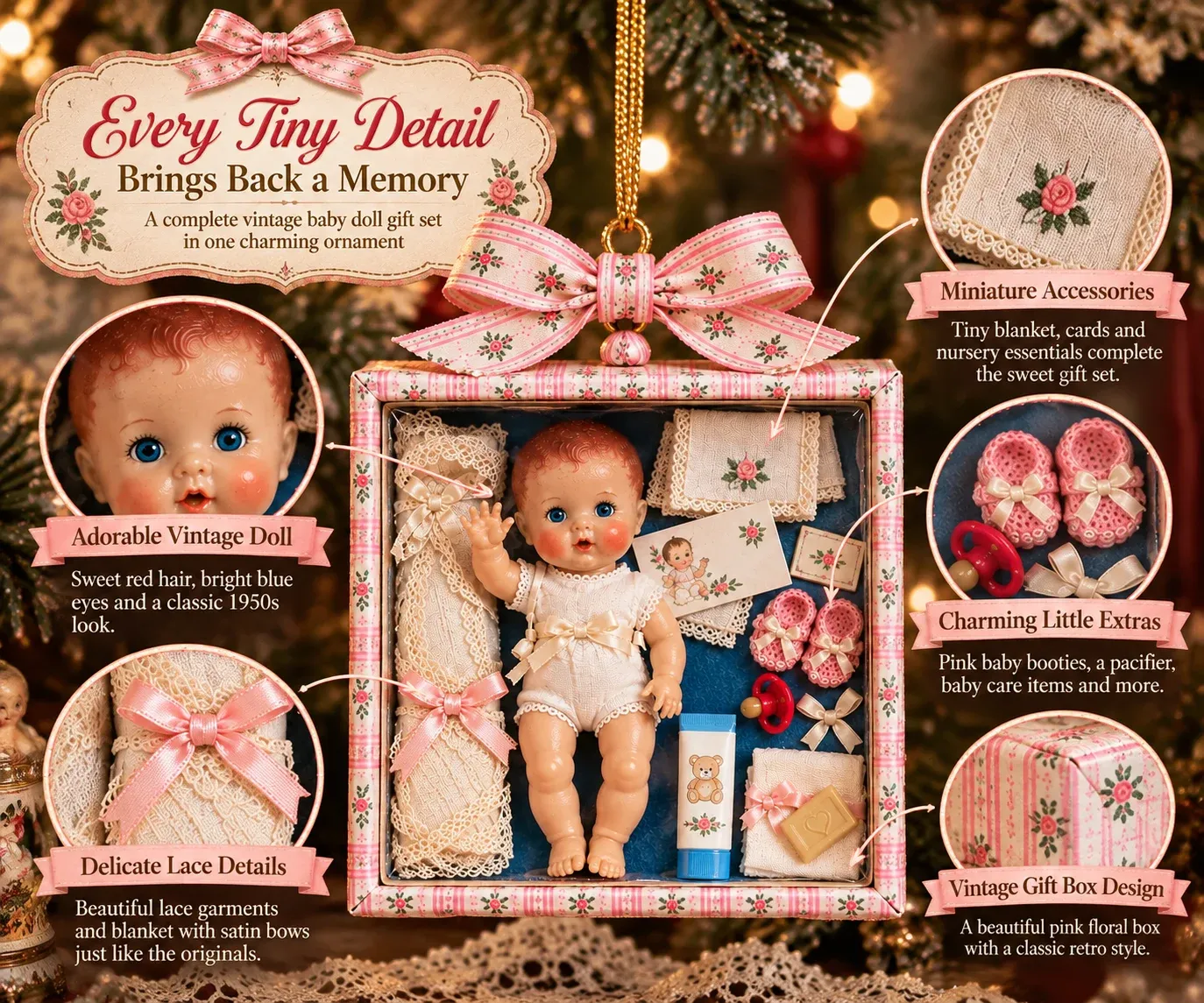 Close-up of miniature doll face gift box and lace detail
