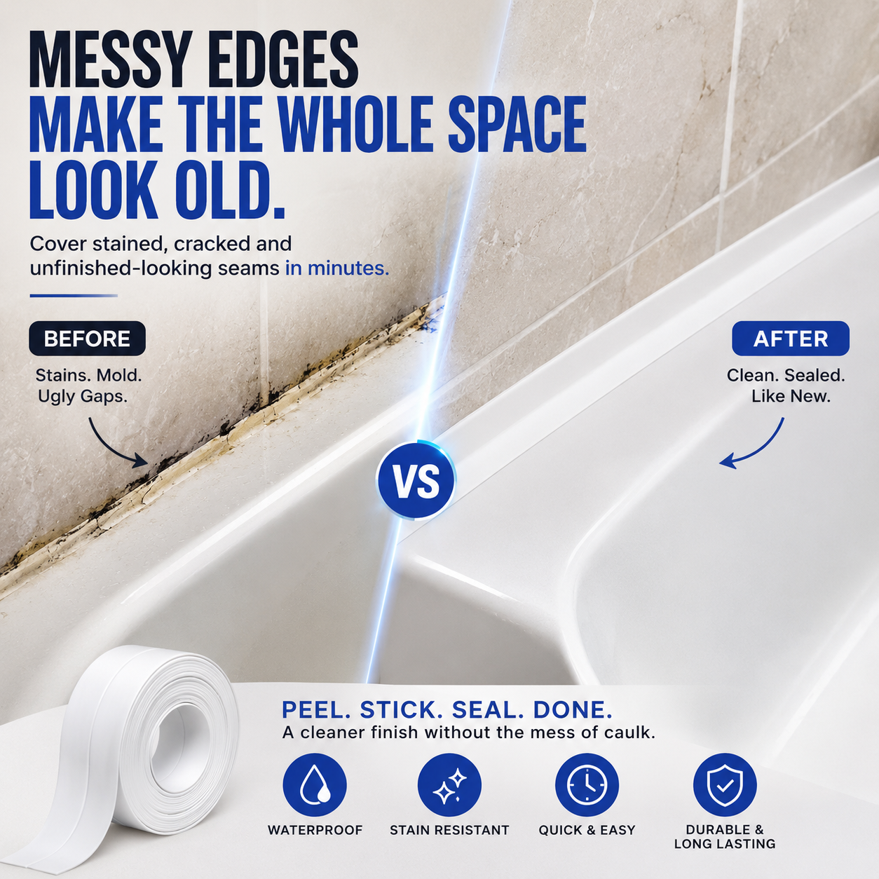 Before and after bathroom edge refresh with white caulk tape