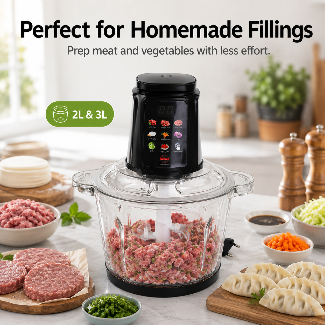 Mincing meat and preparing dumpling filling in glass bowl