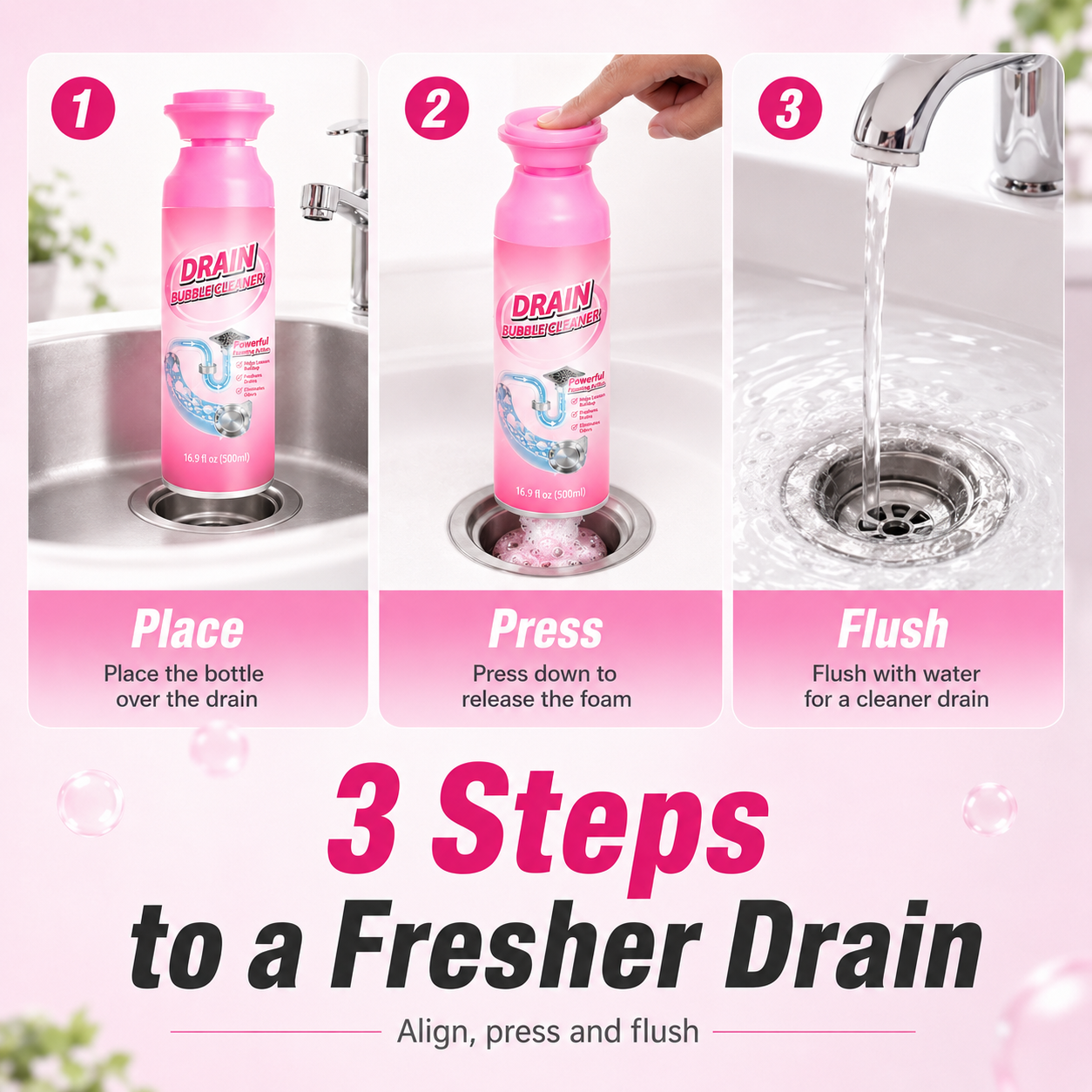 Dense active foam dispensing directly into kitchen sink drain