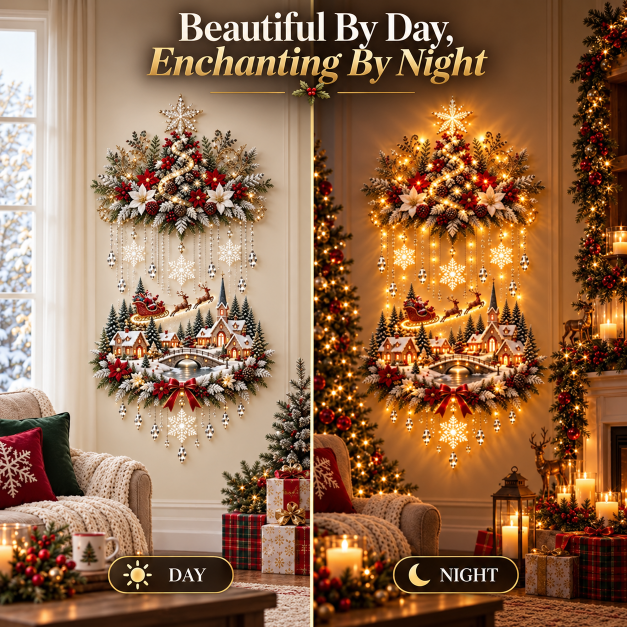 Christmas wall decoration daytime and nighttime