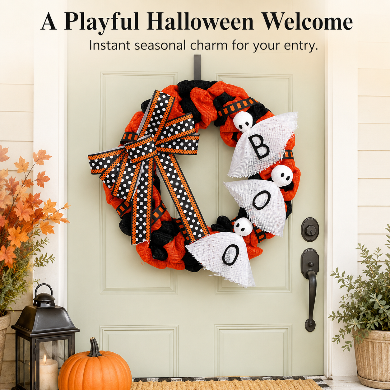 Skeleton pumpkin halloween wreath with happy halloween sign