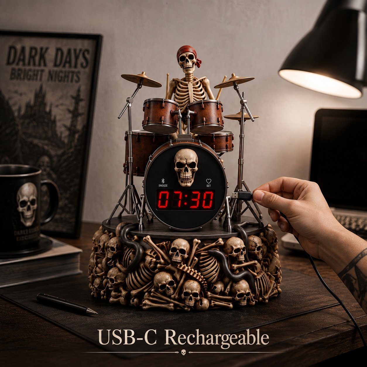 USB-C rechargeable gothic skeleton drum alarm clock