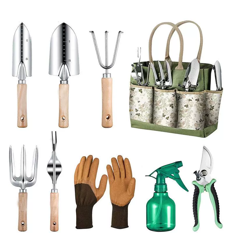 8 Pieces garden tools set including trowels, cultivator, rake, weeder, pruner, spray bottle, gardening gloves, and a floral canvas tote bag.