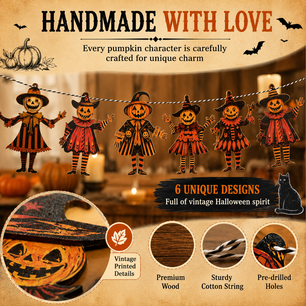 Pumpkin banner styled on covered porch for outdoor Halloween party