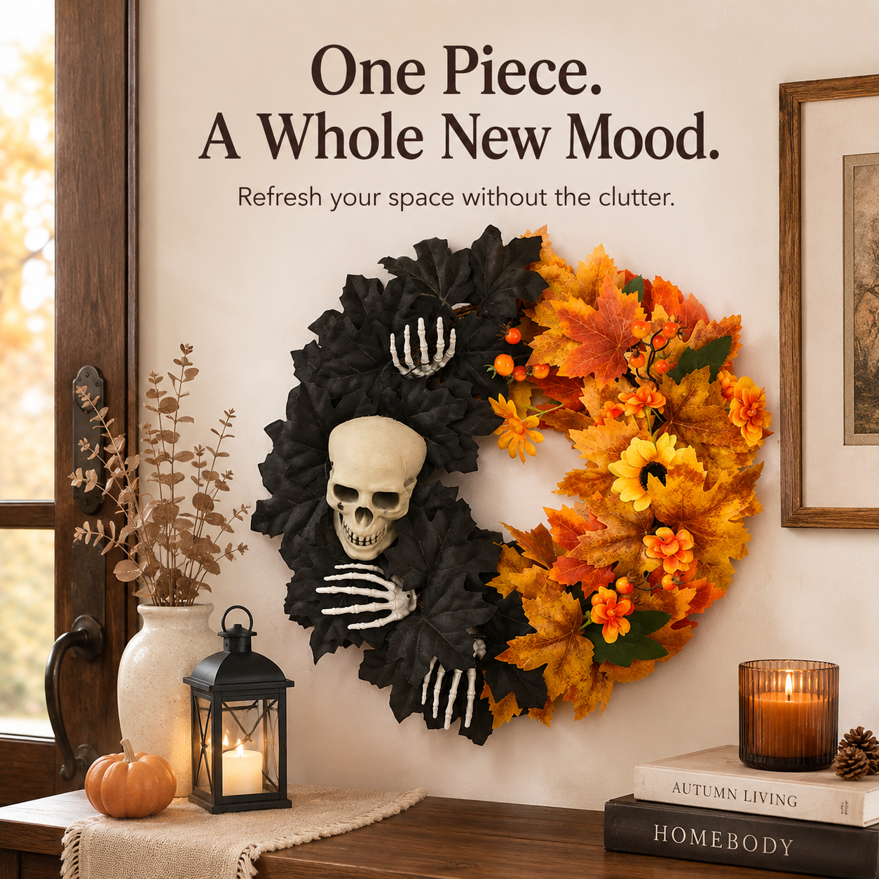 Halloween wreath hanging on wooden front door