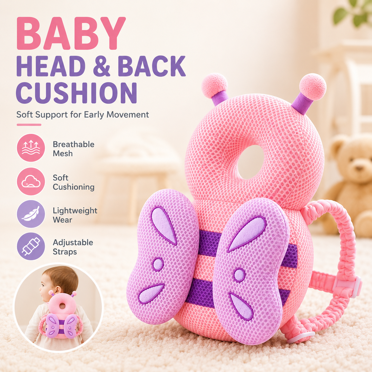 Baby wearing head protector pad while practicing sitting on mat