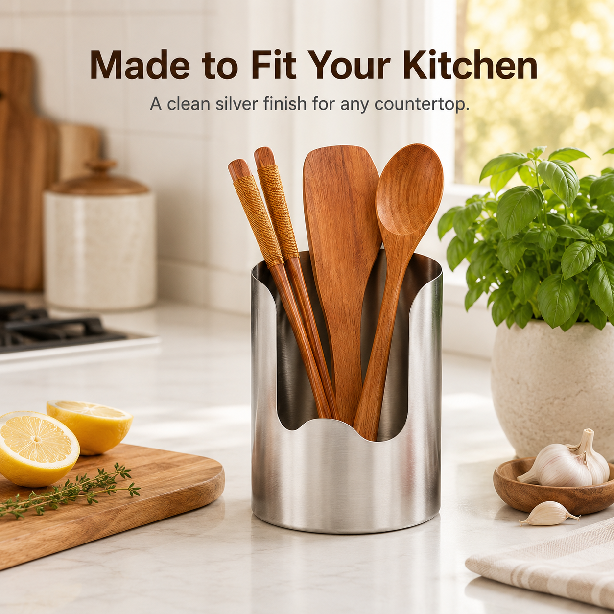 Utensil holder packed with chopsticks spoons spatulas and whisks