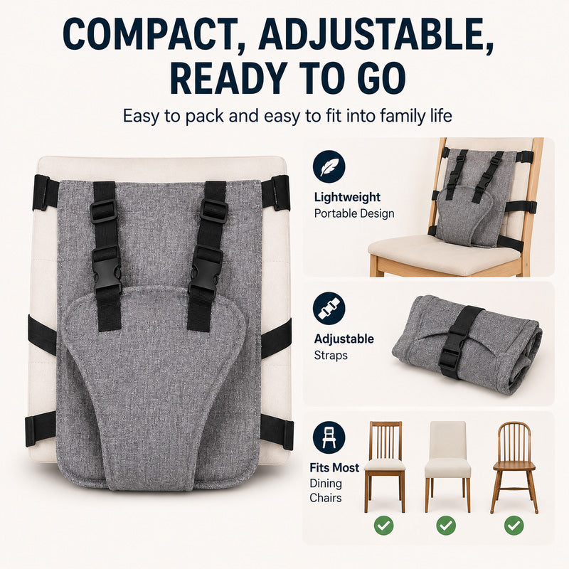 Compact rolled baby chair harness with adjustable straps