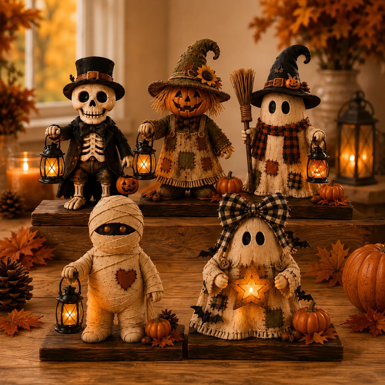 Detailed resin sculpted Halloween mantel figurine holding lantern