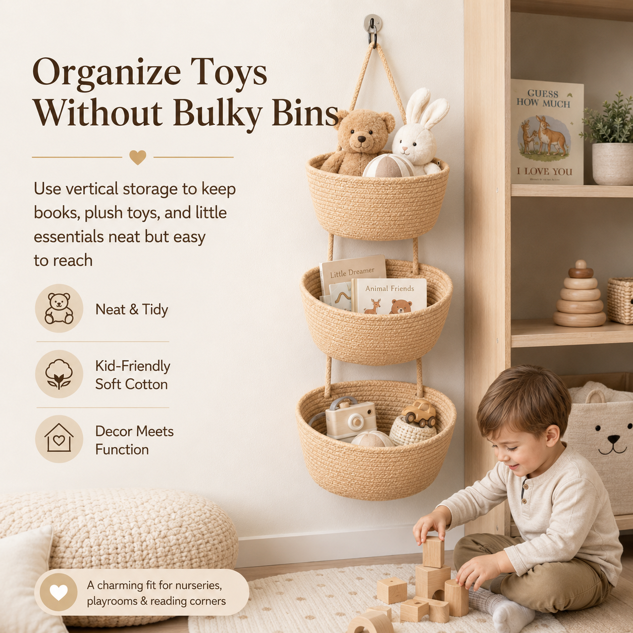 3-tier vertical woven hanging storage saves floor space